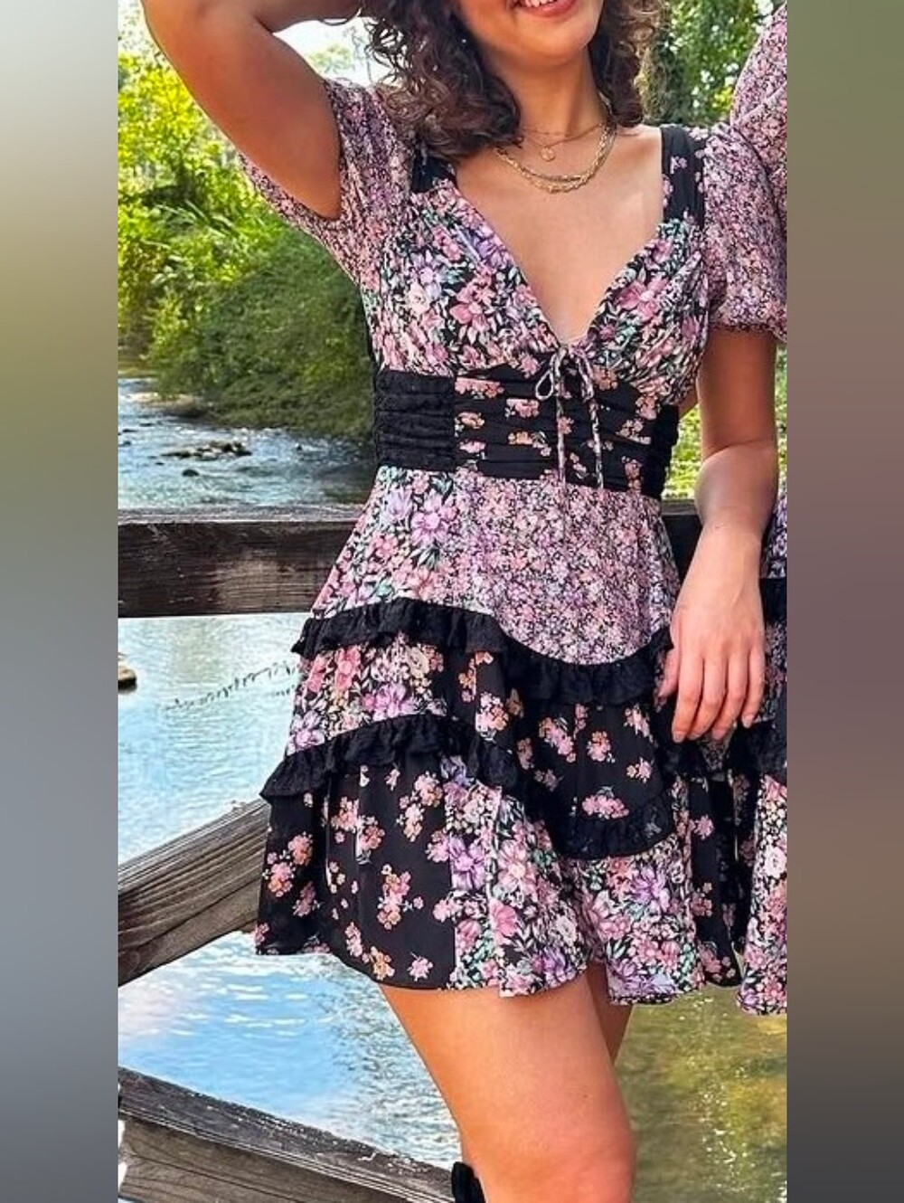 Altar'd State Aderny Patchwork Floral Lace Tiered Mini Dress S Fairy Whimsigoth